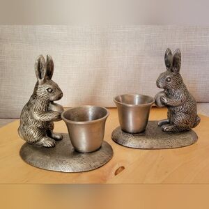 Like New Pair of Pottery Barn Candle Holders Pewter Rabbit Bunny